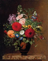 Lilas, fleurs de pommier, bleuets et œillets de poète avec un pot de violas sur un rebord, 1827
