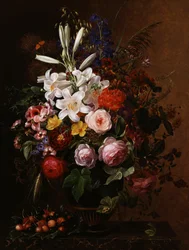 Lys, pelargoniums et roses dans un vase grec. Peinture de Johan Laurentz Jensen (1800-1856) Collection privee.
