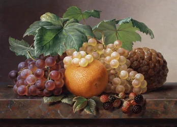 Nature morte de raisins, mures, orange et ananas. Peinture de Johan Laurentz Jensen (1800-1856) Collection privee.