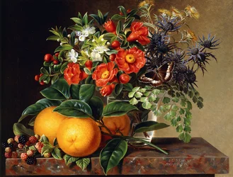 Oranges, mûres et un vase de fleurs sur un rebord, 1834