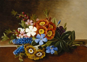 Pervenche, auricule et jacinthes sur un rebord de marbre, 1882