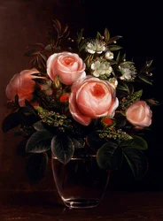 Roses et anémone arborescente dans un vase en verre. Peinture de Johan Laurentz Jensen (1800-1856 Danois) Collection privée