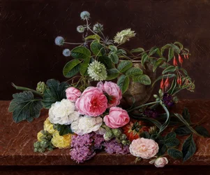 Roses mousseuses, pivoines et roses tremieres doubles avec des commelines mauves. Peinture de Johan Laurentz Jensen (1800-1856) Collection privee.