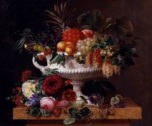 Urne classique avec groseilles, abricots, noisettes et cassis. Peinture de Johan Laurentz Jensen (1800-1856) Collection privee.