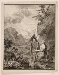 Femme jouant de la harpe dans un paysage montagneux