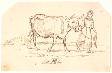Une fille tirant une vache dans un paysage avec une église. "Petite Ada"