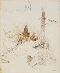Voyageurs à pied et à cheval sur un sentier de montagne au-dessus d