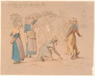 Au premier plan, des filles jouant à la marelle. À l