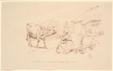 Viens Bos !. Devant une ferme, une femme est assise avec un enfant tendant la main vers une vache