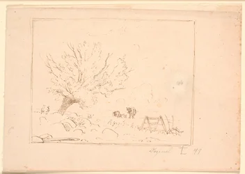 Paysage avec un saule près de grosses pierres, un coq, une charrue et trois vaches