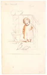 Scène sur un balcon. Petit garçon regardant des pigeons. Sur la balustrade en arrière-plan, un chat enroulé