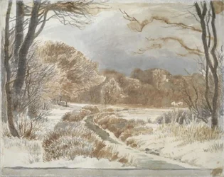 Paysage enneigé avec ruisseau. Purlund et Vallø