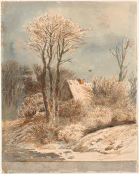 Paysage enneigé avec maison entre les arbres