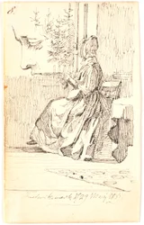 Femme tricotant (mère de Lundbye ?) à la fenêtre avec vue sur des sapins, et étude de profil