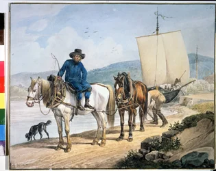 Un cheval et une charrette au bord de la rivière