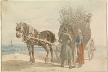 Paysans autrichiens avec un cheval et une charrette, avec Vienne au loin