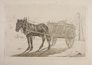 Cheval attelé à une charrette à bière