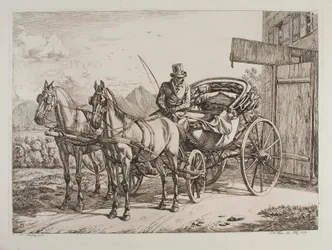 Deux chevaux attelés à une chaise de maître