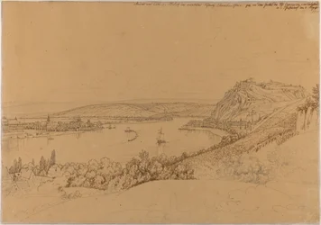 Vue de Coblence avec le Rhin et la forteresse Ehrenbreitstein (recto) ; Vue du château de Heidelberg (verso)