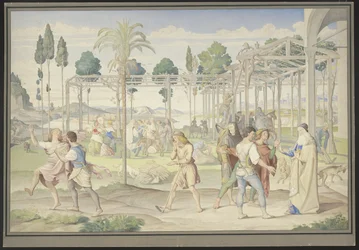 La parabole des ouvriers de la vigne, inspirée du Jardin de Vertumne de Primatice et du Royaume de Flore de Poussin