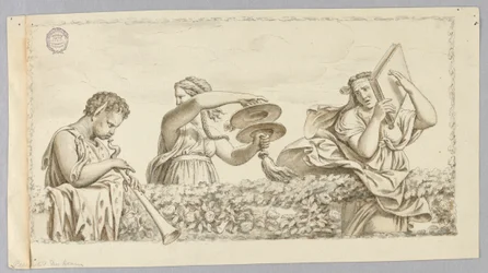 Un garçon satyre jouant de la flûte, une fille avec des cymbales, une femme avec un livre