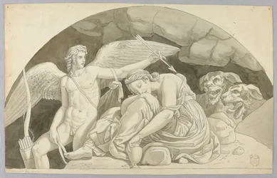 Cupidon réveille Psyché surmontée par le contenu du vase rempli par Proserpine