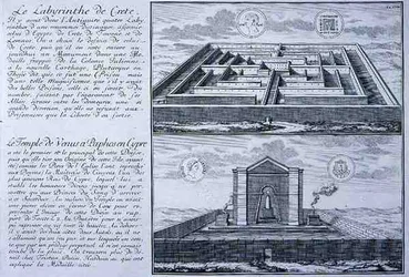 Le Labyrinthe en Crète et le Temple de Vénus, Paphos, Chypre, tous deux tirés de dessins trouvés sur des monnaies romaines anciennes de 