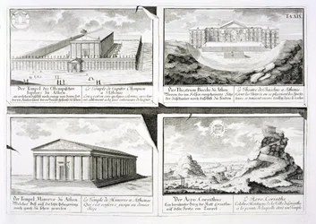 Vues de quatre bâtiments classiques : Le Temple de Zeus Olympien, le Théâtre de Dionysos à Athènes, le Temple d