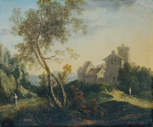 Paysage idéal avec arbres et village fortifié (Le Soir)