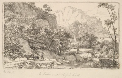 Paysanne avec vache et veau, dans l
