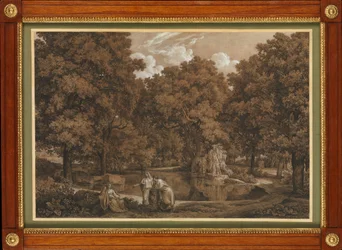 Paysage arcadien avec trois figures au bord d