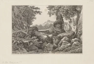 Paysage rocheux avec un berger marchant à gauche