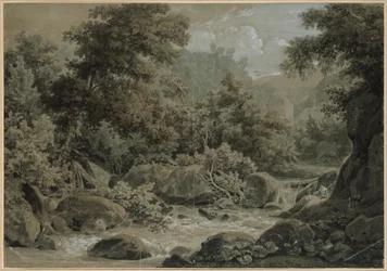 Paysage montagneux et boisé, avec un ruisseau au premier plan