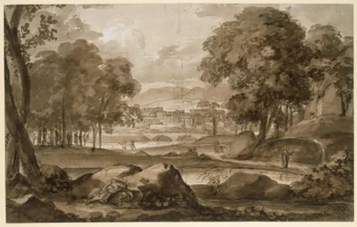 Grand paysage forestier avec une ville antique et des personnages en arrière-plan