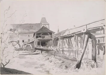 Pont en bois avec déversoir et moulin à eau