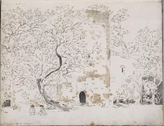 Deux dessinateurs devant un château derrière des arbres : à la Maienlust près de Wasungen