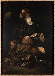 Fleurs avec papillons et lézard