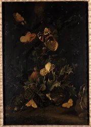 Fleurs avec papillons et crapaud