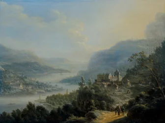 Paysage rhénan étendu avec des voyageurs sur une route près d