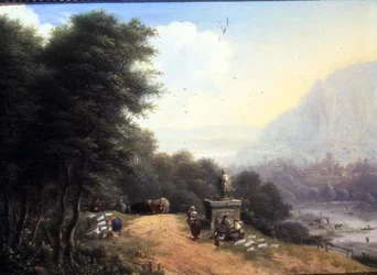 Paysage avec femmes faisant la lessive