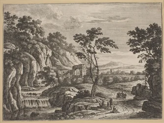 Paysage avec ruines et cascade