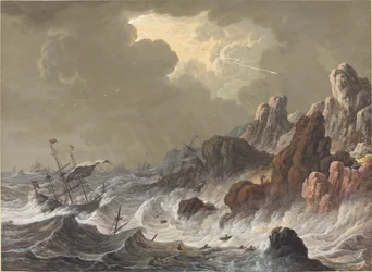 Navires Ballottés par la Tempête Échoués sur une Côte Rocheuse