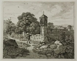 Fermier saluant un sanctuaire de la Madone en bord de route, planche une de Die zwei grossen Landschaften mit den Betsäulen