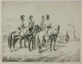 Quatre cuirassiers sur une pente