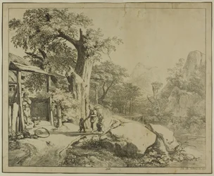 Paysage de montagne avec personnages