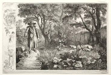 Vieil homme devant le pont de rondins