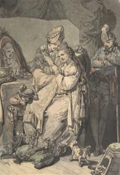 Une femme à sa toilette avec une servante, un garçon, un chien et un jeune soldat, verso : Un croquis, 1770