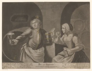Homme et femme buvant de la bière et du brandy