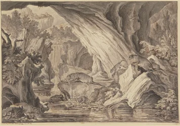 Six loutres dans une grotte rocheuse au bord de l
