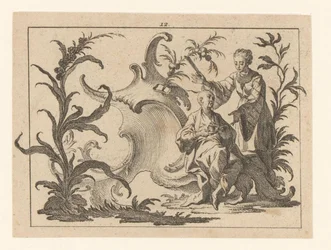 Chinois avec tasse et soucoupe assis dans un ornement rococo, à côté de lui une femme avec éventail (Fumeurs sur ornement rococo)